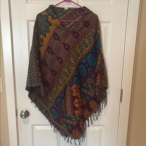 Vibrant Multicolor Patterned Poncho with Fringe